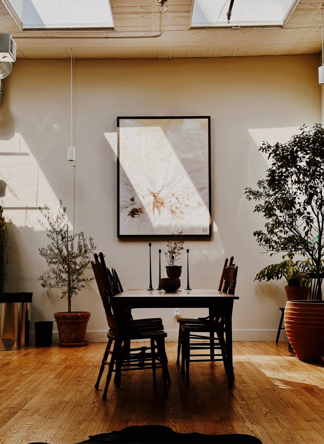 Sunlit dining room with a dark wood table, candlesticks and a framed deer drawing beneath skylights
